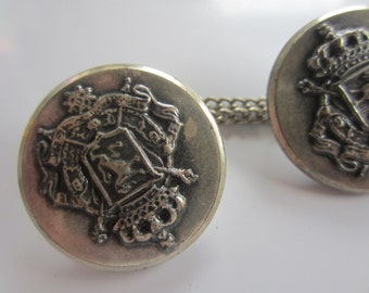 Vintage Buttons - lot of 2 matching, large 1 1/8 inch crested silver metal, chain sweater guard ( nov 246b)