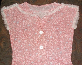 1930s Vintage Red Floral Print Cotton Day Dress 33 Inch Bust 27 Inch Waist Small