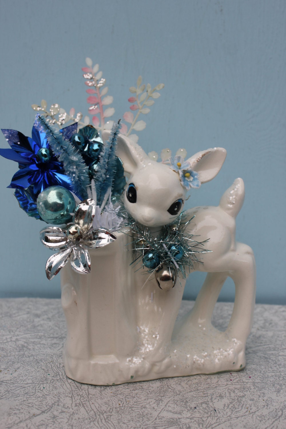 Vintage Ceramic Deer with Christmas Scene White and Turquoise