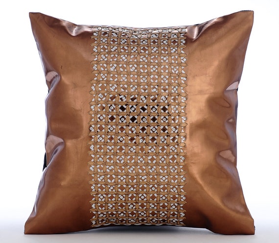 Copper Throw Pillow Covers 16x16 Sequin Embroidered Copper