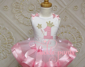 Baby Girls 1st birthday outfit - Wishes - Pink and gold sparkle - Includes embroidered top and ruffled tutu - Many colors available