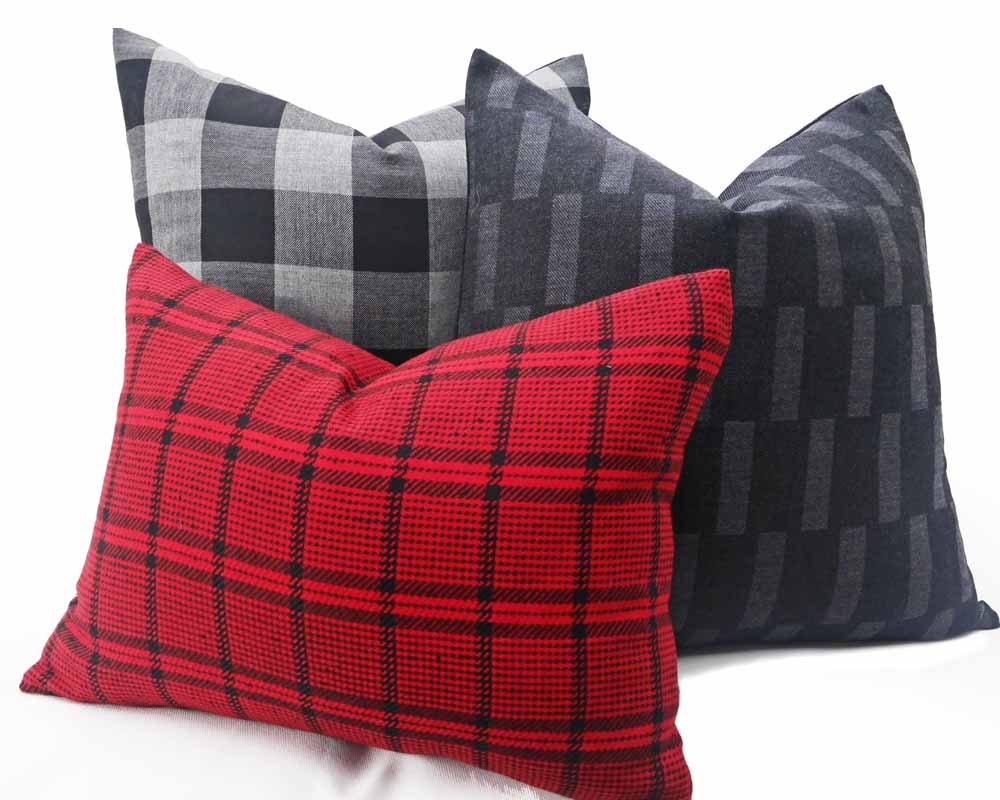 Wool Buffalo Plaid Pillow Cover Black Grey By Pillowthrowdecor