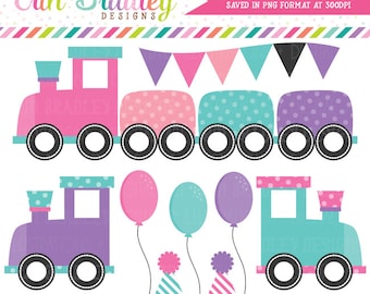 Girls Train Clipart Graphics Instant Download Birthday Party Clip Art with Balloons Bunting and Party Hats