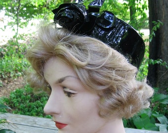 Vintage Black Vinyl Pillbox Hat Black Vinyl Rose & Leaves Accent White Satin Lining Unique Funky 1960s Era Day Accessory 22 in Head Size