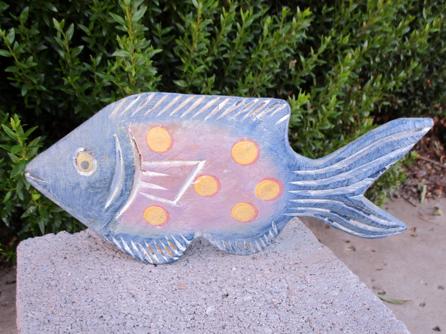 Vintage Carved Wooden Fish Wood Carving Statue Blue Sculpture