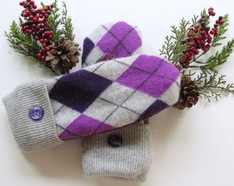 Felted Wool Mittens - Fleece Lined Wool Mittens - Purple & Gray Argyle Wool Mittens - Recycled Wool Mittens - Upcycled Wool Mittens