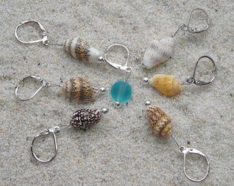 Crochet Knitting Seashell Stitch Markers - removable markers - tiny seashell and beach glass sea glass beads - set of 7