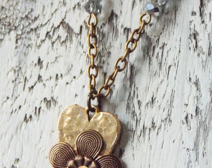 Heart & Flower Necklace Gold Brass Textured Heart Mixed Metal Pewter Bohemian Antique Rustic Boho Jewelry Woodland Pendant Charms Rustic