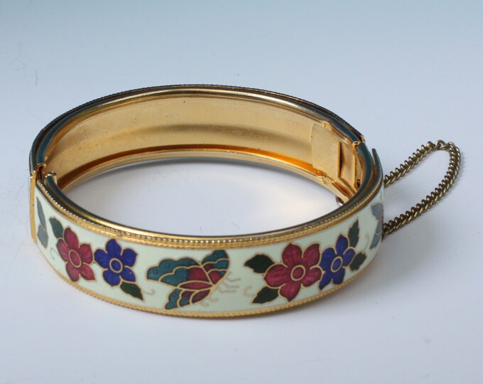 Butterflies and Flowers Enameled Bangle Bracelet Vintage