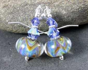 Purple Blue Green Glass Dangle Earrings, Simple Earrings, Boro Lampwork Earrings, Drop Earrings, Chevron Stripe Earrings, Colorful Jewelry
