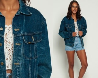 80s Denim Jacket LEE Jean Jacket Grunge Dark Blue Oversize 70s Vintage Biker Oversized Button Up Hipster Men Large