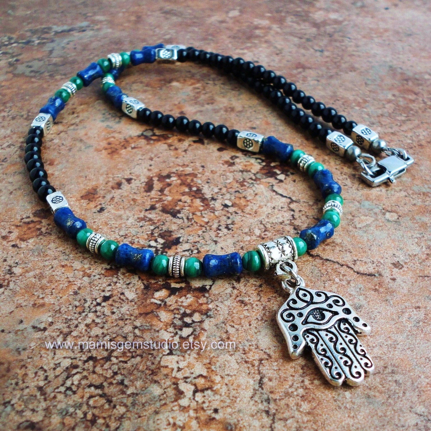 Mens Necklace Hamsa Amulet Charm Black Onyx Blue by mamisgemstudio