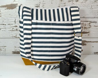 Camera bag in Stockholm Navy Blue Stripe, waterproof base -Lightweight and durable! by Darby Mack made in the USA