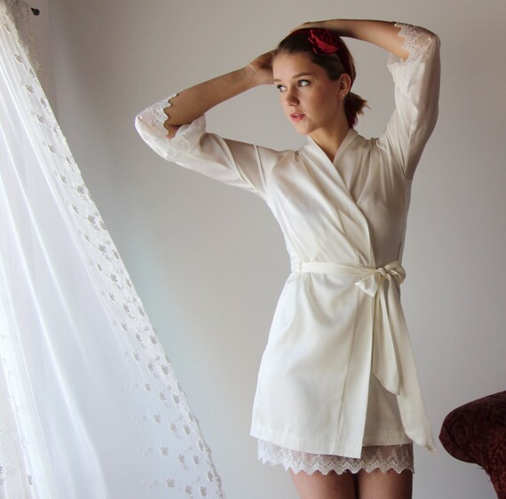 bridal silk robe with embroidered lace trim sleeves ALICE