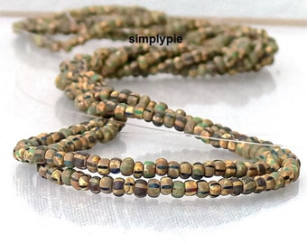 8/0 Czech Aged Matte Camo Beige Striped Picasso Mix 20-Inch Long Strand Glass Seed Beads