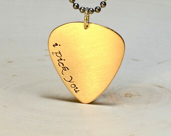 Golden Bronze Guitar Pick Necklace with I Pick You - NL105