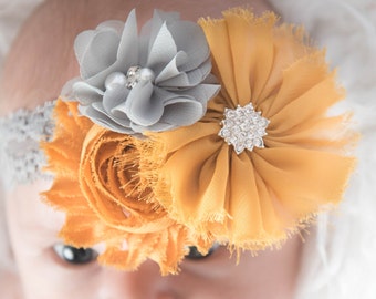 mustard flower headband, gray elastic headband, wedding flower girl, gold headband, bridal hair piece, girl headband, baby headband, baby
