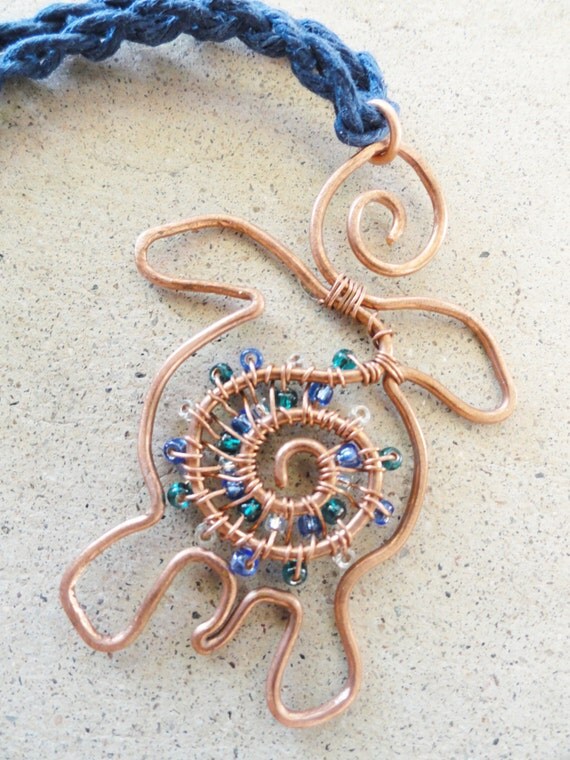 Download Handmade Wire Wrapped Copper Turtle Pendant with Blue Crochet