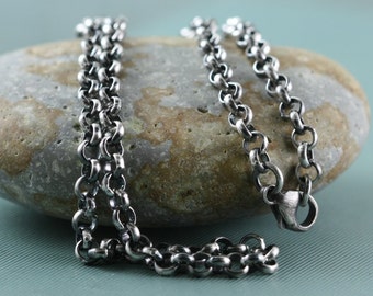 Heavy Sterling Silver Chain Necklace, Mens, Womens, Unisex, 4mm Rolo, 16, 18, 20 Inch, Pendant Charm Rustic Antique Patina, Bright, Belcher