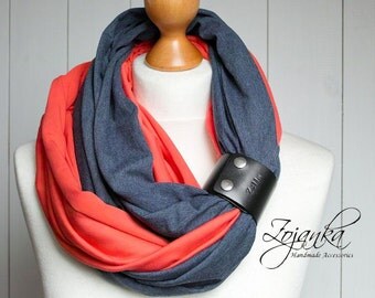 COTTON infinity scarf with leather cuff, infinity scarves, fashion scarf, cotton jersey, ZOJANKA, LIGHTWEIGHT infinity scarf