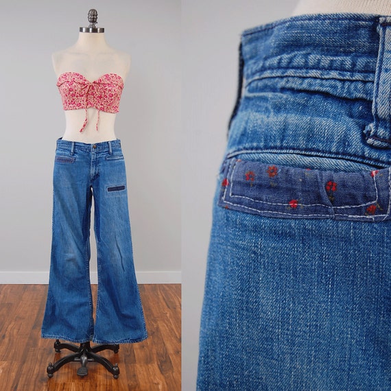 Vintage 60s 70s Landlubber Patched Denim Bellbottoms Hippie 2655