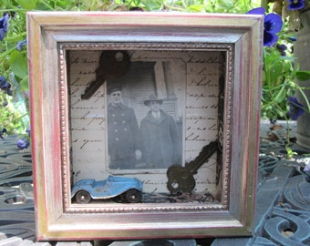 Tiny art shadow box, mixed media assemblage, funky junk home decor