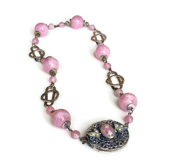 RESERVED... Art Deco Necklace Czech Glass Peking Glass Pink