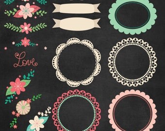 Chalkboard clipart, chalkboard floral frames, chalkboard frame clipart, chalkboard floral clipart, chalkboard digital paper, P191