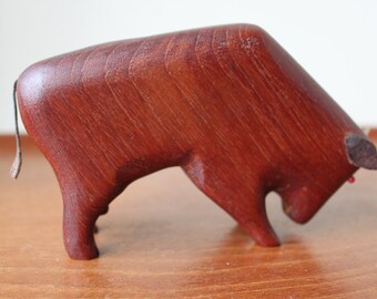 Reduced: Vintage Teak Bull, Animal Figurine, Leather, Style of Kay Bojesen, Hans Bolling, Danish Modern