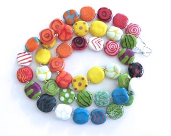 Kazuri Bead Necklace, Rainbow Colored Necklace, Fair Trade Beads, Ceramic Jewelry