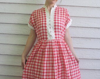 50s Red Gingham Dress Cotton Check Print Rockabilly Vintage S M