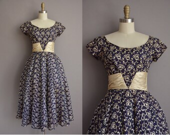50s navy blue and ivory satin full skirt vintage party dress / vintage 1950s dress