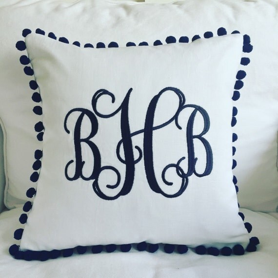 Monogrammed Linen Pom Pom Pillow Cover