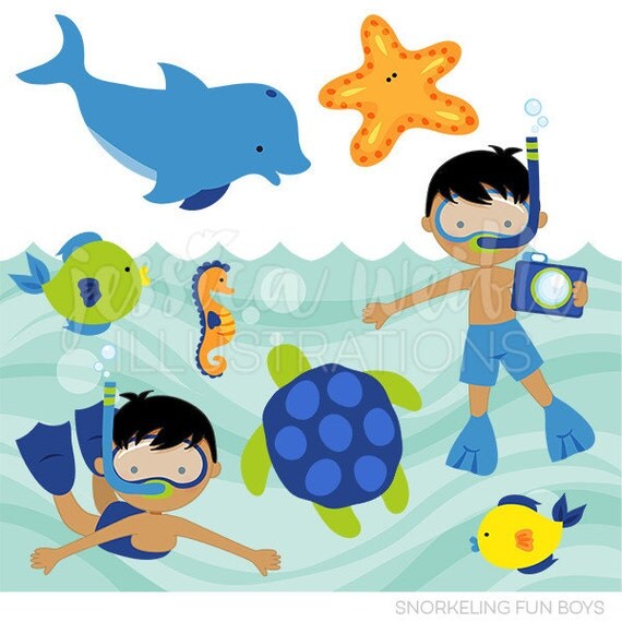 Snorkeling Fun Boys V2 Cute Digital Clipart for Card Design, Scrapbooking, and Web Design, Summer Swimming Clipart Il_570xn
