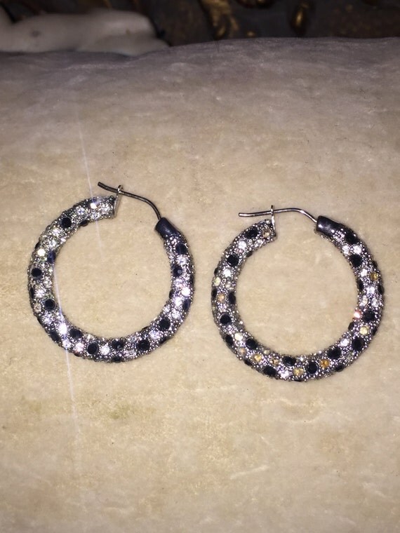 Black & Clear Swarovski Rhinestone pierced Hoop Earrings
