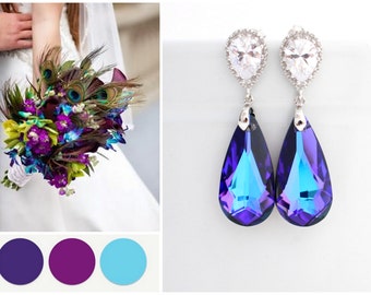 Peacock Wedding Earrings, Purple Turquoise Earring, Peacock Jewelry, Bridesmaid Peacock Earring, Heliotrope Swarovski Crystal Earring Purple