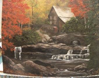 Mill, Waterfall, Stream, Creek, Tree, Water, Country, Fall, Autumn, Bridge, Original Landscape Oil Painting