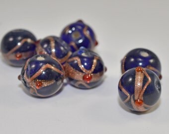 Lampwork beads, deep blue, red, copper/bronze, 14mm - #1467