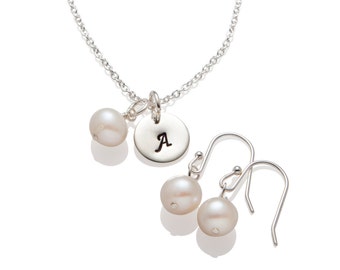 Bridesmaid Jewelry Gift Set , Ivory White Pearl Earrings and Initial Necklace , Wedding Jewelry 925 Sterling Silver