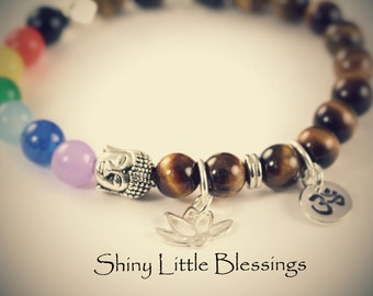 7 Chakra Bracelet, Lotus Bracelet, Tiger Eye Bracelet, Ohm Buddha Yoga Spiritual Jewelry