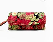 Cellphone Wallet iPhone 6 Plus Samsung Galaxy Note 4 S6 S4 12 Card Slots Zipper Pocket Wristlet Xmas Red Allover Poinsettia on Black BG
