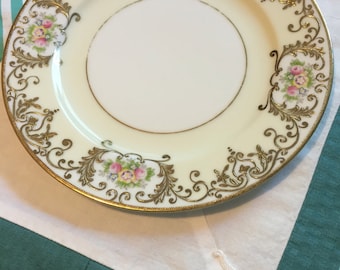 Vintage Salad Plate Pink Blue Floral Gold Scroll Meito China Made in Japan #3955