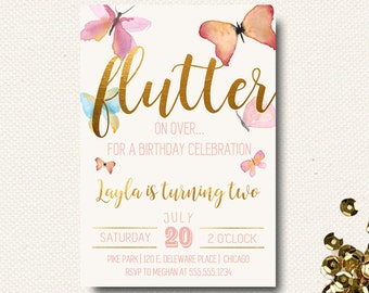 Butterfly Invitation Birthday Floral Boho Chic Gold Girls Garden Party