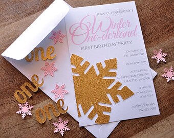 Winter Onederland Invitations and Envelopes. We Print, Cut, Glue and Ship to You in 2-3 Business Days.