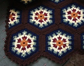 Handmade Crochet Kaleidoscope Afghan Fall Sunrise With Dark Brown (Espresso) Edging 48 x 68