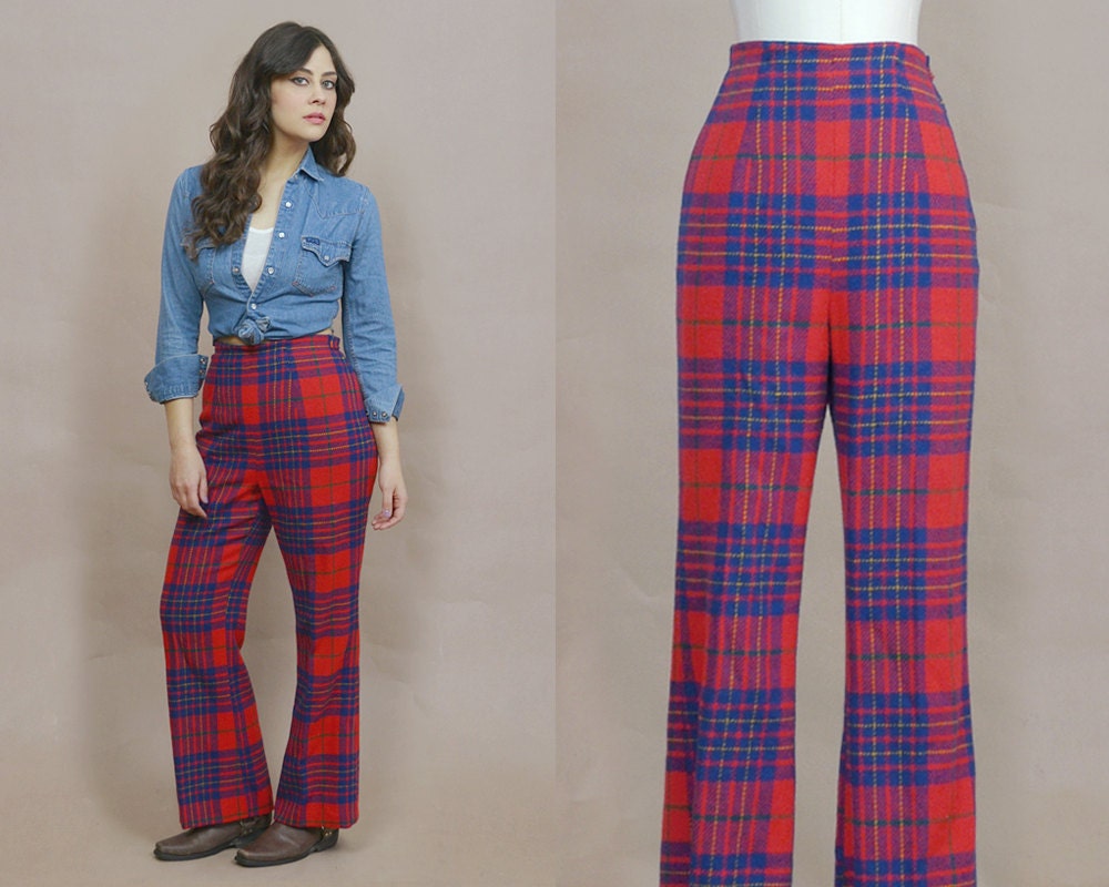 Plaid Bell Bottoms 70s High Waisted Pants Flared Madras Wool