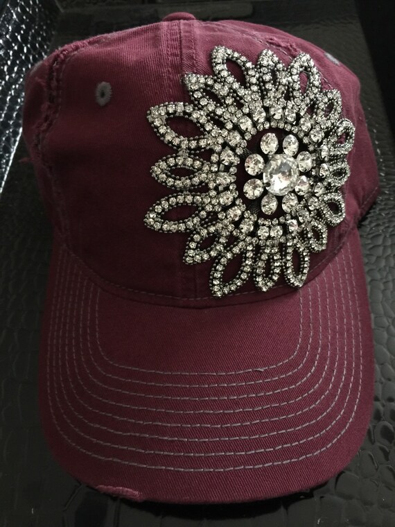 Womens baseball hat Rhinestone distressed maroon baseball