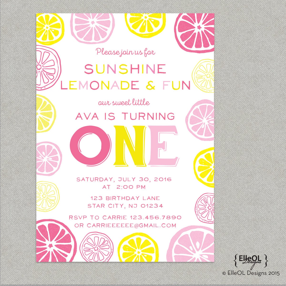 Pink Lemonade Birthday Party Invitation first birthday