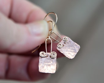 Hammered Earrings. Rose Gold Copper Earrings. Copper Jewelry. Copper Sheet Earrings Small Rectangle Earrings Gold Filled Wires Free Shipping