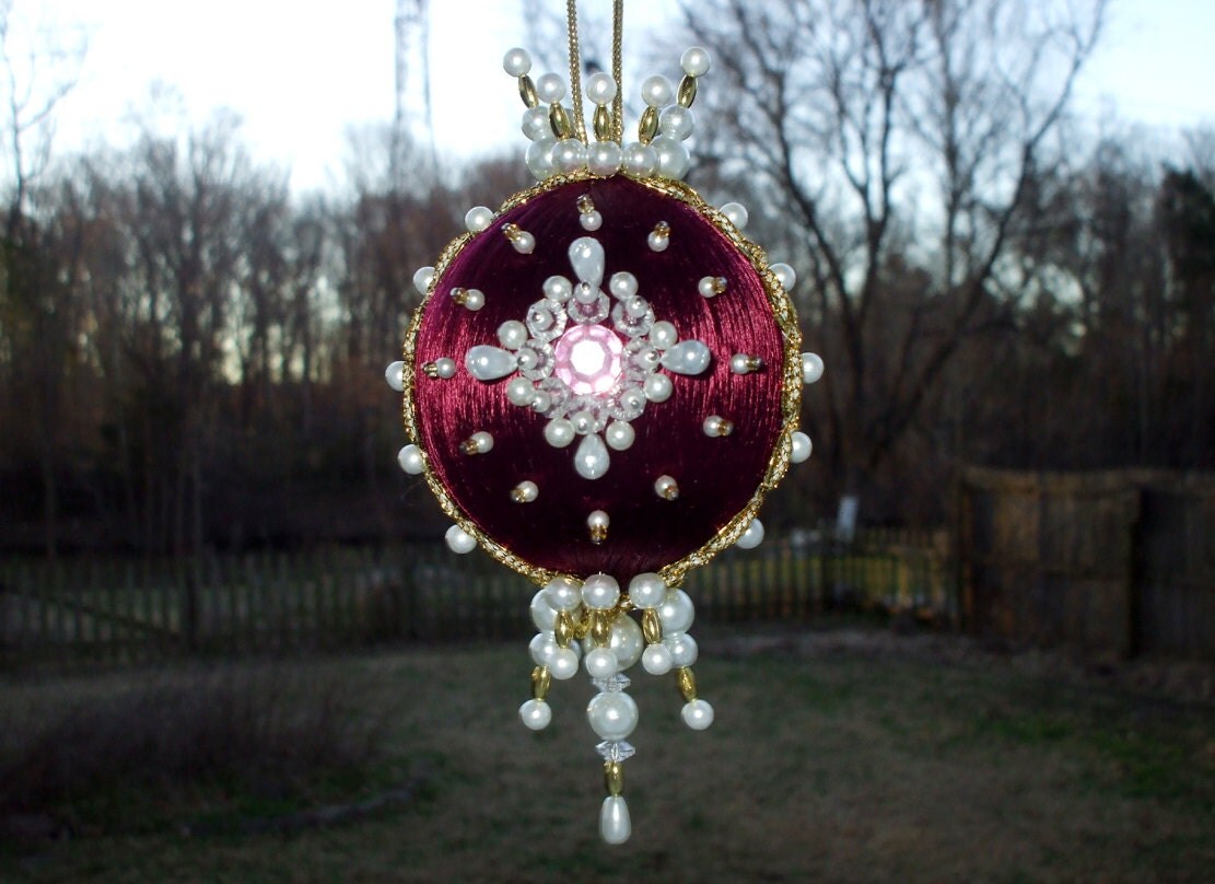 handmade burgundy christmas ornament satin ball crystals handmade burgundy christmas ornament satin ball crystals